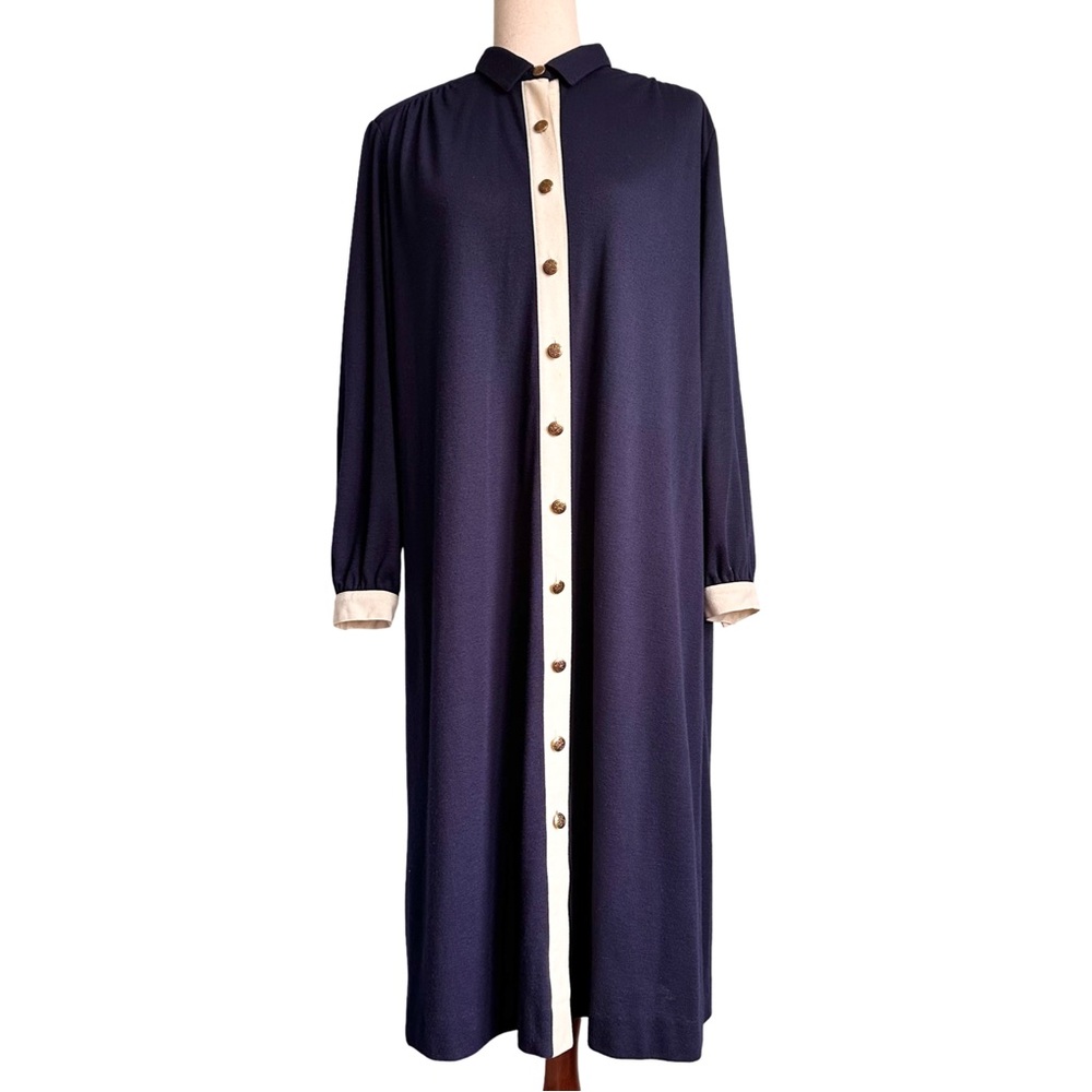Vintage 70’s Schrader Sport Navy Blue  Long Sleeve Lounge Shirt Dress Union Made